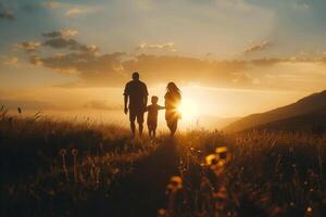 ai generiert ein Familie Gehen im ein Feld beim Sonnenuntergang, ai generiert foto