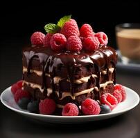 ai generiert Schokolade Kuchen mit Himbeeren nieselt mit Schokolade Belag. foto