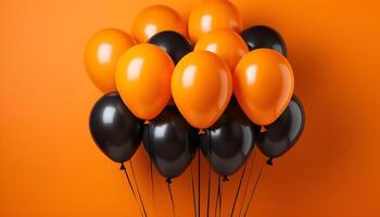 ai generiert Bündel von Orange und schwarz Luftballons auf ein Orange Hintergrund. foto