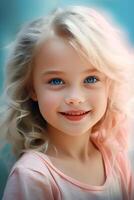 ai generiert Porträt von ein Mädchen mit Blau Augen und blondie Haar auf ein verschwommen blass Blau Hintergrund. foto