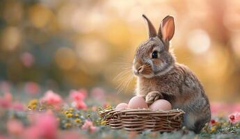 ai generiert Ostern Hase mit Korb und Ostern Eier foto