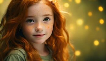 ai generiert Porträt von ein wenig Mädchen mit rot Haar und Sommersprossen. foto