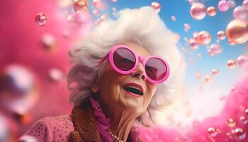 ai generiert ein Alten Frau im Sonnenbrille sieht aus beim fliegend Seife Blasen. foto