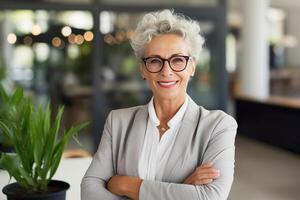 ai generiert Senior CEO, Frau Manager Porträt auf verschwommen Büro Hintergrund. Alten weiblich Mitarbeiter foto