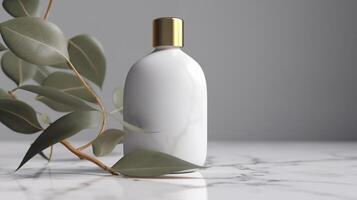 ai generiert realistisch Weiß Flasche mit Eukalyptus Pflanze foto