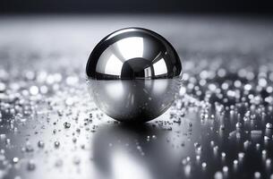 ai generiert ein glänzend Silber Ball sitzt auf ein Oberfläche mit ein Menge von klein, glänzend foto