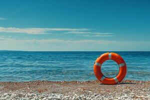 ai generiert Leben Orange Ring auf das Strand mit Blick auf das Meer. Kopieren Raum foto