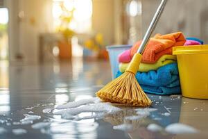 ai generiert Reinigung das Fußboden mit ein Besen und Eimer von Reinigung Produkte. foto