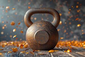 ai generiert Dort ist ein schwer schwarz Sport Kettlebell auf das Fußboden gegen das Hintergrund von Natur foto