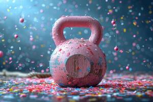 ai generiert Dort ist ein schwer festlich Rosa Kettlebell bestreut mit Konfetti auf das Fußboden foto