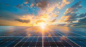 ai generiert ein riesig Solar- Panel Array erfasst das golden Strahlen von das Rahmen Sonne, Hervorheben verlängerbar Energie Potenzial foto