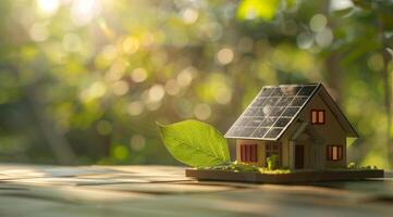 ai generiert ein Modell- Haus mit ein Grün Blatt auf das Dach ist platziert Nächster zu Solar- Paneele mit ein hell, sonnendurchflutet Hintergrund, symbolisieren umweltfreundlich Energie Lösungen zum Clever Häuser foto