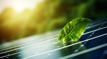 ai generiert ein jung Grün Pflanze Sprossen von das Oberfläche von ein Blau Solar- Tafel, symbolisieren verlängerbar Energie und das Kombination von Technologie mit Natur unter ein hell sonnendurchflutet Himmel foto