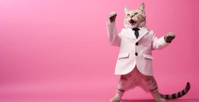 ai generiert ein stilvoll Katze mit ein Weiß Mantel, Sonnenbrille, und ein Bogen Krawatte ist auffällig ein spielerisch Pose gegen ein solide Rosa Hintergrund, Bereitstellung reichlich Kopieren Raum zum Text auf das Seite. foto