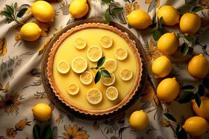 ai generiert oben Aussicht köstlich Zitrone Torte und Zitronen auf Tabelle auf Stoff Blume Muster Hintergrund foto