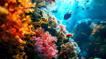 ai generiert tropisch Meer unter Wasser Fische mit bunt Koralle Riff. Aquarium Ozeanarium Tierwelt bunt Marine Panorama Landschaft Natur Schnorchel Tauchen foto