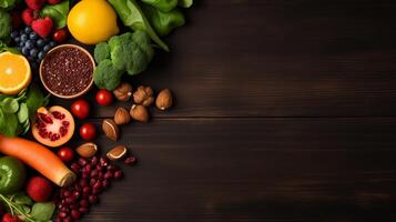 ai generiert gesund Früchte, Gemüse und Nüsse Körner Essen sauber Essen Auswahl organisch roh Essen auf dunkel Holz Hintergrund oben Augen Sicht, eben legen Copyspace foto