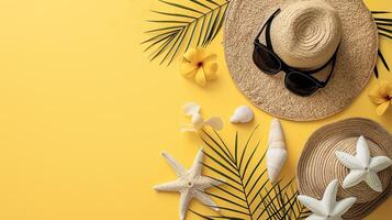 ai generiert Sommer- eben legen mit Stroh Hut, Sonnenbrille und Strand Zubehör auf Gelb Hintergrund mit Palme Blatt, Sonne und Sonnenlicht foto