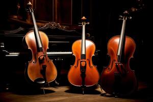 ai generiert Musik- Trio Instrument mit Klavier, Violine und Cello dekoriert mit schwarz Hintergrund foto