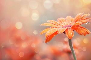 ai generiert Orange Gerbera Tau Frühling blühen Bokeh foto