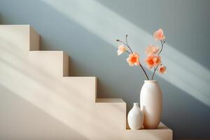 ai generiert Vase mit Blumen in der Nähe von das Weiß Stufen. Minimalismus im das Innere. generiert durch künstlich Intelligenz foto