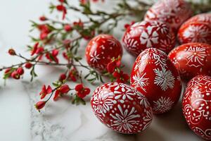 ai generiert rot und Weiß Ostern Eier auf ein Marmor Oberfläche. Seite Sicht, Ostern Hintergrund. generativ ai foto