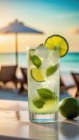 ai generiert Glas von Mojito Cocktail auf Strand Bar Schalter, Blau Himmel, Weiß ozeanisch Sand, Licht verschwommen Hintergrund, selektiv Fokus, Kopieren Raum foto