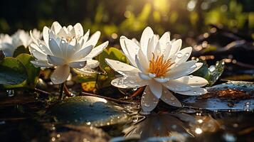 ai generiert schön Blumen Weiß Lilien auf das Wasser. Wasser Lilien im das Sumpf. generiert durch künstlich Intelligenz foto