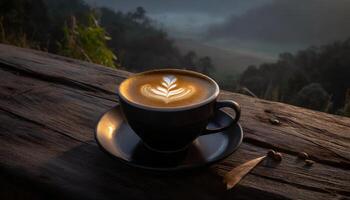 ai generiert Kaffee Tasse mit Latté Kunst auf ein dunkel rustikal hölzern Tabelle auf ein düster Tag foto