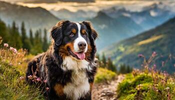 ai generiert süß Bild von ein Berner Berg Hund draussen mit ein verschwommen Hintergrund foto