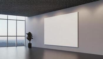 ai generiert groß leer Mauer Banner Attrappe, Lehrmodell, Simulation im ein Büro mit Fußboden zu Decke Fenster foto