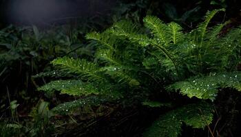 ai generiert schließen oben von ein belaubt Pflanze mit Wasser Tropfen im ein neblig Wald mit niedrig Beleuchtung foto