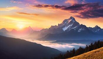 ai generiert auffällig Berg Aussicht mit hell bunt Himmel beim Sonnenaufgang foto