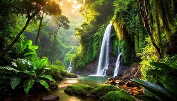 ai generiert beschwingt Landschaft von ein Regenwald mit Wasserfälle und üppig Grün foto