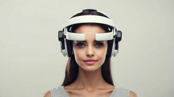 ai generiert jung Frau tragen gemischt Wirklichkeit Headset, vr virtuell Wirklichkeit futuristisch Technologie Konzept, Menschen und Lebensstil, isoliert auf Weiß Hintergrund foto