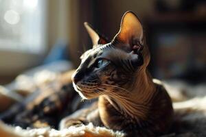 ai generiert ein Sphynx Katze Lügen auf ein Bett im das Sonne. generiert durch künstlich Intelligenz foto