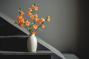 ai generiert Weiß Vase mit Orange Blumen auf ein Regal auf ein grau Mauer. Minimalismus im das Innere. generiert durch künstlich Intelligenz foto