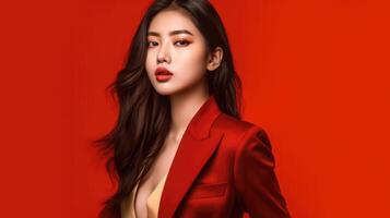 ai generiert asiatisch Frau im Geschäft passen mit rot Hintergrund, ai foto