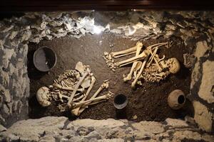 Schädel und Knochen gegraben von Grube im das unheimlich Friedhof von Gefangene foto