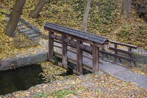 schön Natur Herbst Landschaft mit klein Brücke. Landschaft Aussicht auf Herbst Stadt Park mit golden Gelb Laub im wolkig Tag foto