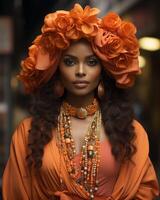 ai generiert Frau im Orange Kleid mit Blumen- Stirnband foto
