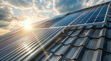 ai generiert ein modern Haus mit ein Dach bedeckt im Solar- Paneele gebadet im Sonnenlicht, Darstellen ein Schritt gegenüber Grün Energie foto