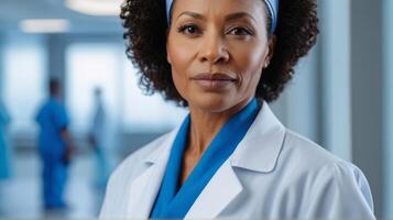 ai generiert Mitte alt afrikanisch amerikanisch Frau Arzt im Krankenhaus, Weiß Farben. foto