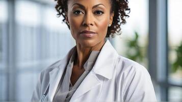 ai generiert Mitte alt afrikanisch amerikanisch Frau Arzt im Krankenhaus, Weiß Farben foto