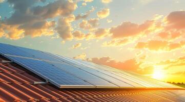 ai generiert ein modern Haus mit ein Dach bedeckt im Solar- Paneele gebadet im Sonnenlicht, Darstellen ein Schritt gegenüber Grün Energie foto