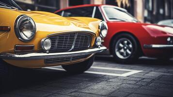 ai generiert ein beschwingt ausrichten von klassisch Muskel Autos, Prahlerei glänzend Farbe und Chrom Einzelheiten, symbolisiert amerikanisch Automobil Geschichte und Kultur foto