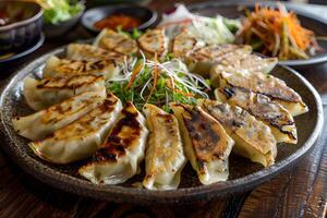 ai generiert gegrillt Gyoza Knödel serviert auf ein Teller foto