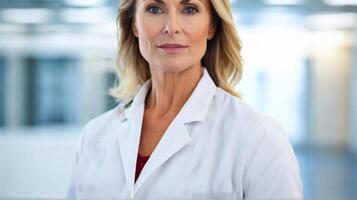 ai generiert ein zuversichtlich weiblich Arzt steht im ein Krankenhaus, tragen ein Weiß Mantel, symbolisieren Professionalität und Sachverstand im Gesundheitswesen foto