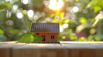 ai generiert ein Modell- Haus mit ein Grün Blatt auf das Dach ist platziert Nächster zu Solar- Paneele mit ein hell, sonnendurchflutet Hintergrund, symbolisieren umweltfreundlich Energie Lösungen zum Clever Häuser foto