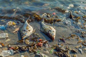 ai generiert Umwelt Einschlag industriell Aktivität, Öl Abwasser ist verschütten auf Strand, tot Fische auf Ufer foto